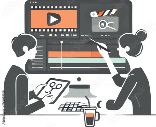 Two people editing video on computer timeline video editing