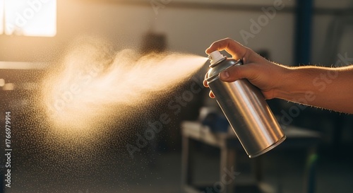 Hand holding and spraying an aerosol can, releasing a cloud of mist.