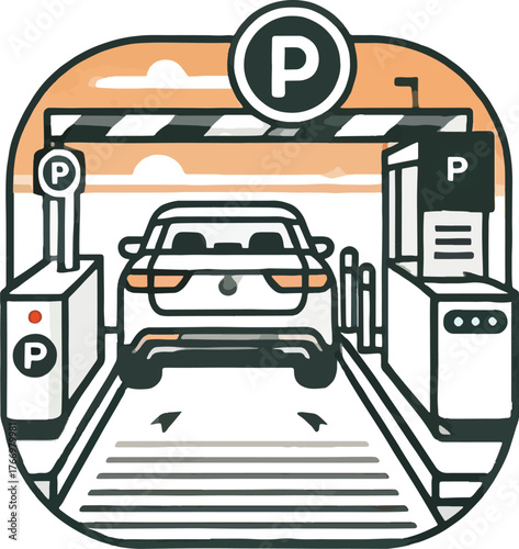 White car at parking lot barrier with payment station