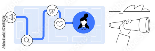 Blue path linking user with marketing, shopping cart, heart, and search icons alongside telescope. Ideal for user experience, customer journey, marketing flow, consumer behavior, discovery business