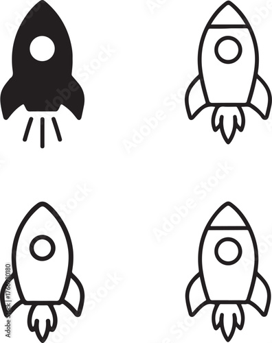 Isolated rocket icon set, stylized rocket launch vector, space rocket pair technology, minimal thin stroke solid black outline, startup innovation editable rocket vector art