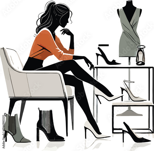 Woman in orange top contemplating shoes and dress silhouette