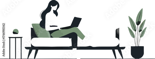 Woman on couch with laptop and plant interior