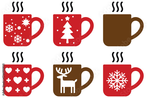 Holiday Christmas mugs, vector silhouette icons, festive beverage illustration set, hot drink design, winter coffee cup collection, cocoa tea graphic, seasonal celebration art, decorative mug elements