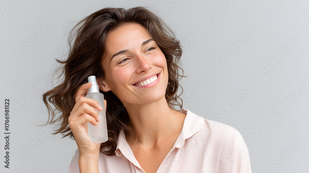 Fototapeta premium Smiling woman enjoying refreshing facial mist spray, promoting hydration, skincare, and natural beauty wellness.