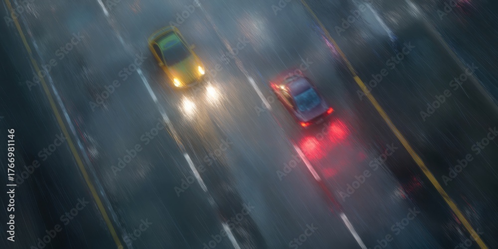 Fototapeta premium Cars Driving On A Rainy Highway At Night. Blurred Motion And Reflections Create A Dynamic And Atmospheric Scene