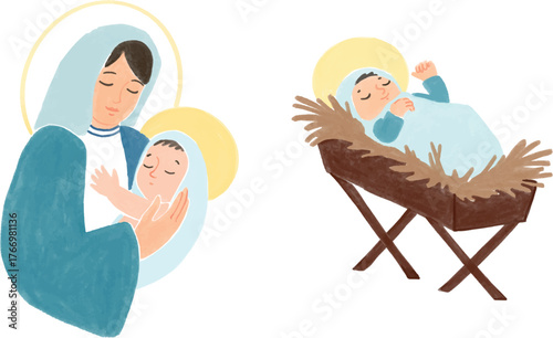 Mary and little Jesus, Christmas hand drawn illustration. Isolated clip art of Jesus birthday.