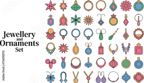ladies jewellery and ornaments for design projects Colorful silhouette icon bundle set