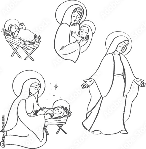 Mary and little Jesus, Christmas vector ink illustration. Isolated clip art of Jesus birthday.