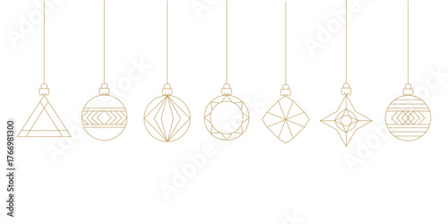 Vector gold Christmas balls set geometric line art; Minimalist hanging ornaments decoration for holiday banner.
