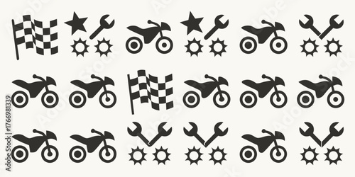 Collection of motorcycle racing and repair icons including checkered flags wrenches stars and gears