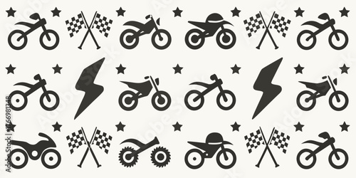 Collection of black motorcycle silhouettes with racing flags and stars on a light background