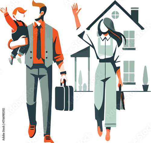 Family walking with luggage in front of house father