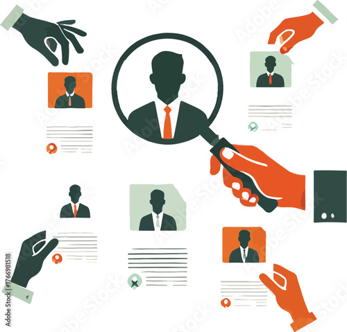 Hands holding resumes and magnifying glass over candidate profile