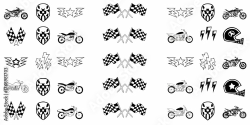 Collection of motorcycle racing icons including checkered flags helmets and lightning bolts