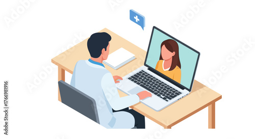 Male doctor in a white coat having an online video consultation with a female patient on a laptop.