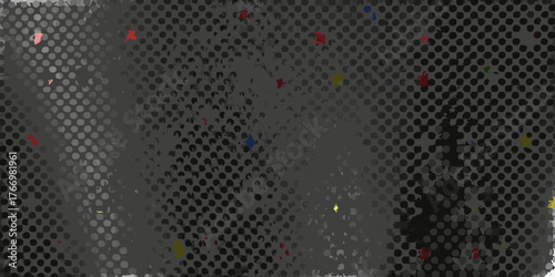 Abstract textured background with scattered colorful confetti dots and stars on a dark gray halftone pattern