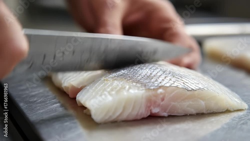 Chef carefully slicing fresh fish fillet with a sharp knife on a metal surface