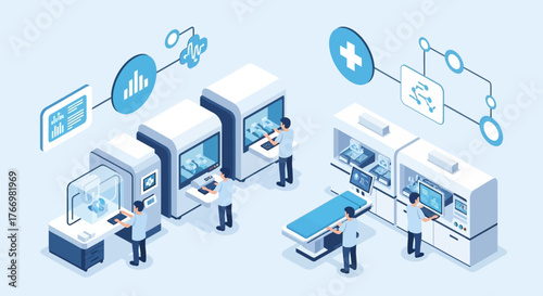 Isometric illustration of a futuristic medical laboratory with scientists operating advanced equipment and analyzing data.