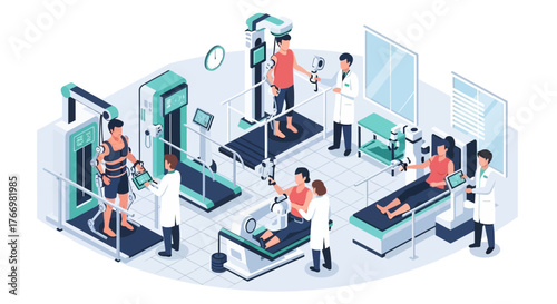 Isometric illustration of a physical therapy clinic with patients and medical staff using rehabilitation equipment.