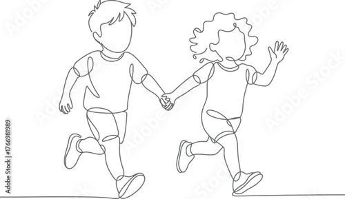 Vector art of continuous line drawing of two kids running