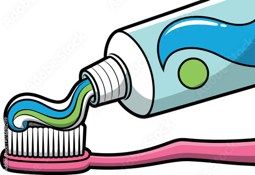 Vector art of toothpaste being squeezed onto a pink toothbrush