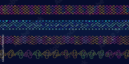 Abstract geometric patterns and ornate designs in vibrant gradient colors on dark background