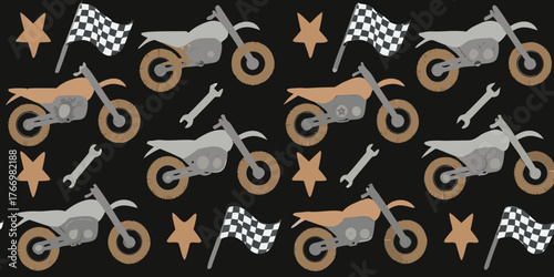 Seamless pattern of motocross motorcycles checkered flags wrenches and stars on a black background