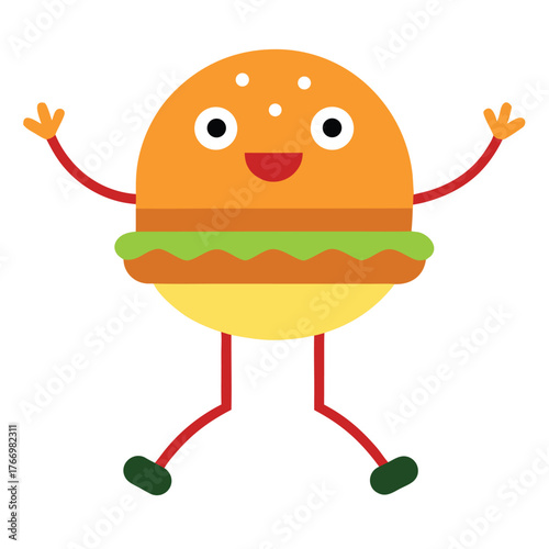 Happy burger character with sesame seed bun food cartoon