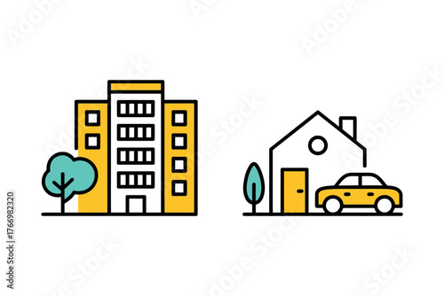Illustration of apartment building and house