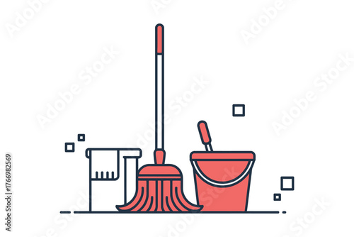 Vector art of cleaning equipment with mop and bucket