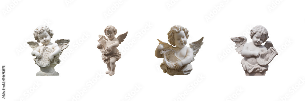 Obraz premium Cherubic Angel Statues With Harps Set. Classical Art And Decor Collection Isolated On Transparent Background