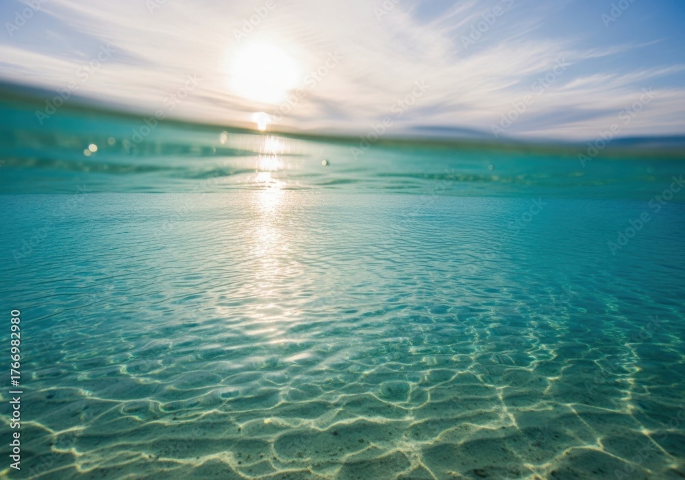 Obraz premium Sunlight reflecting on clear turquoise ocean surface and underwater view