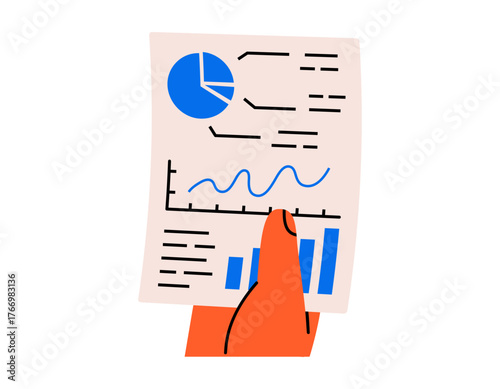 Hand drawn cute illustration of hand holding business analysis. Flat vector document with financial report and charts in human arm sticker doodle. Company statistics file icon. Isolated.