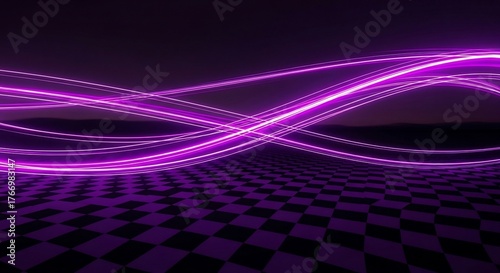Glowing purple light trails weave dynamically above a checkerboard floor in a dark, futuristic digital scene