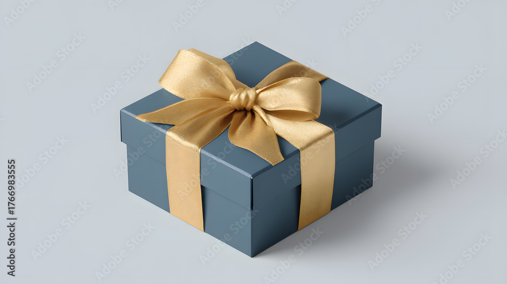 Fototapeta premium Dark blue square gift box with golden ribbon over light blue background. Great for masculine gift ideas, retail visuals, or holiday promotions.
