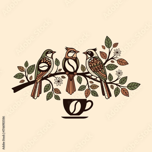 Three stylized birds perched on a leafy branch with flowers, above a coffee cup with a bean design.