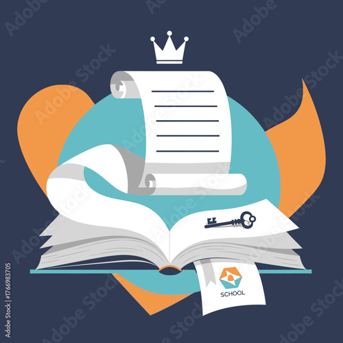 Open Book with Scroll, Key, and Crown Symbolizing Knowledge and Education