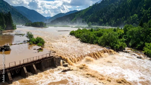 Muddy River Water Pollution Flowing Through Green Mountain Valley Landscape