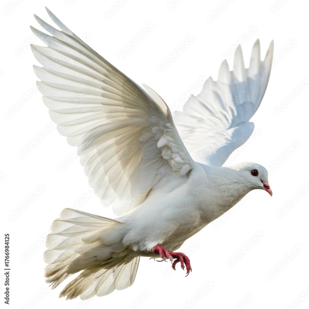 Obraz premium A white dove with outstretched wings in mid-flight, showing detailed feathers and a graceful posture