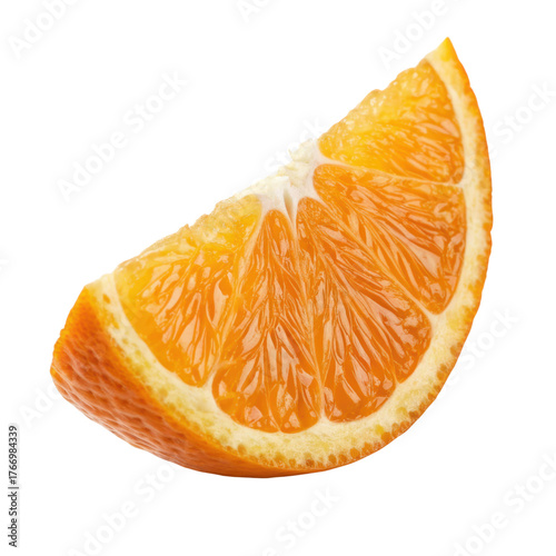 A juicy, fresh orange wedge with vibrant orange flesh and a textured rind