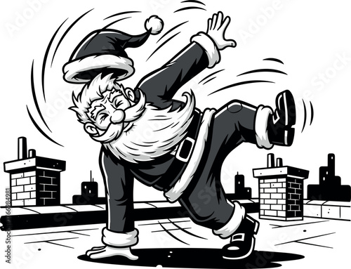 Santa Claus Breakdancing on Rooftop with Hat Flying Off
