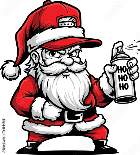 Grumpy Santa with spray can, wearing a backward baseball cap