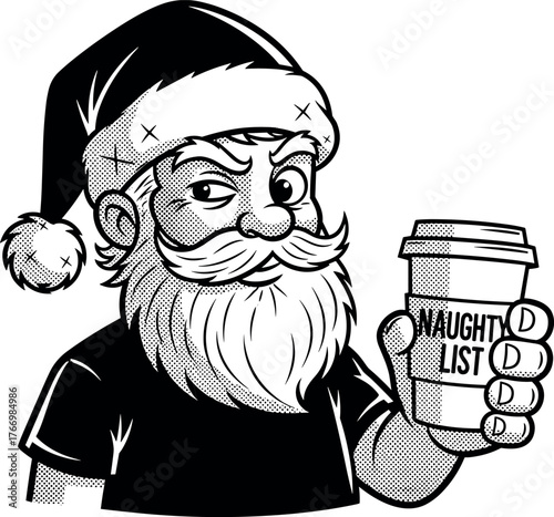 Skeptical Santa with "Naughty List" Coffee Cup