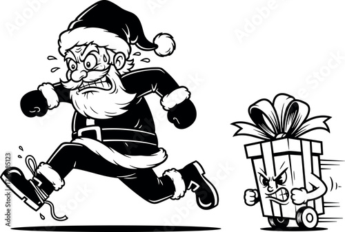 Angry Santa Chasing Runaway Present Cartoon