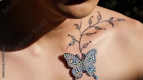 Woman Displays Butterfly Pin and Vine Tattoo on Chest