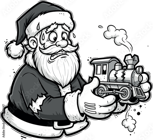 Worried Santa with Broken Toy Train, Christmas Mishap Cartoon