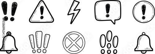 Alert icon set, hand-drawn warning symbols, exclamation marks, sketch style UI elements, notification signs, black white graphic design assets