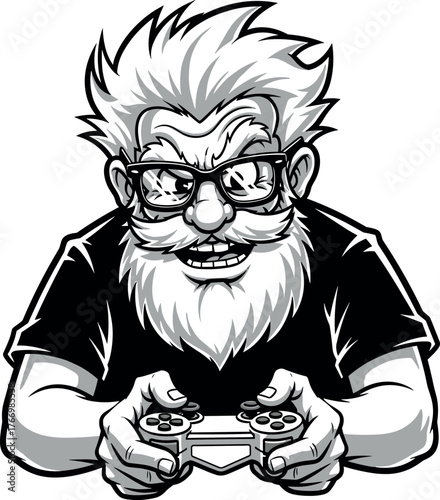 Cartoon Santa Gamer with Beard and Glasses Playing Video Games