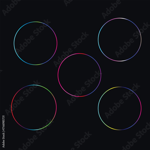 Five abstract glowing iridescent circles with a subtle textured effect on a dark background